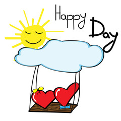 Heart girl and heart boy on the swing and near the sun.