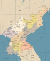 North Korea Map - Vintage Detailed Vector Illustration