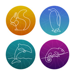 Set of 4 one line animals icons or logos. Squirrel, pinguin, dolphin, chameleon.