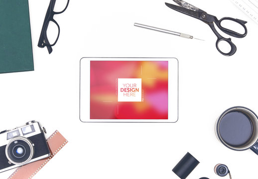 Top View Tablet Mockup with Film Photography Elements 2