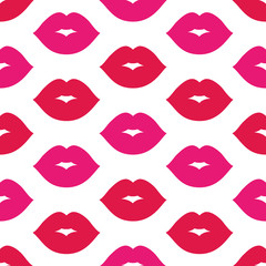 Lips pattern. Vector seamless pattern with woman's red and pink kissing flat lips. Isolated on white.