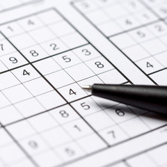 Nahaufnahme ines Sudoku mit Kugelschreiber