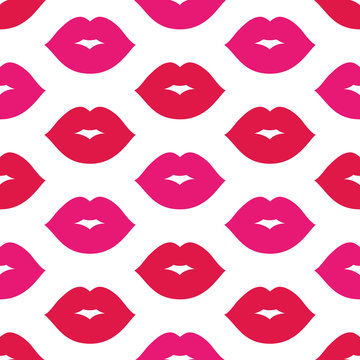 Lips pattern. Vector seamless pattern with woman's red and pink kissing flat lips. Isolated on white.