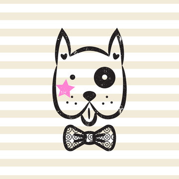 Cute gentleman dog tshirt design vector. Puppy head textured with bow tie on stripe background.