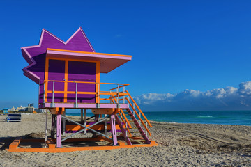 Fototapeta premium The lifeguard stations on Miami Beach, Florida are are indicative of the vibrant, art deco style of south beach.