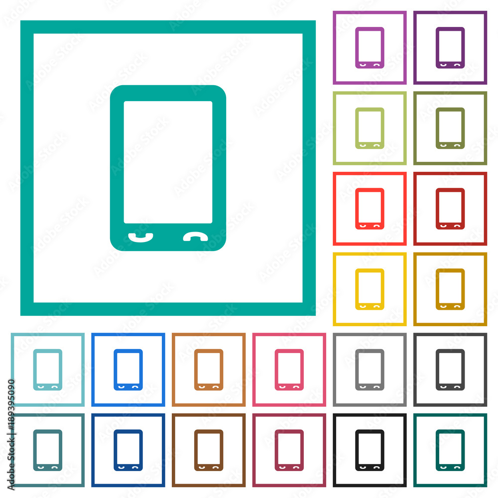 Poster mobile phone with blank display flat color icons with quadrant frames