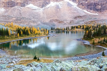 Alpine Lake Landscape on Opabin Plateau on Great Hiking Trail above Lake O’Hara during Autumn...