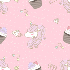Motif harmonieux de licornes et de cupcakes à tête mignonne décorée de coeur et de point de neige sur fond rose dans un thème pastel.