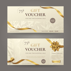 Set of stylish gift voucher with golden ribbons, a bow and floral patterns. Vector elegant  template for gift card, coupon and certificate with beige background. Isolated from the background. - obrazy, fototapety, plakaty