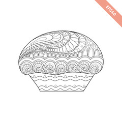 Cartoon hand drawn cupcake with floral doodle ornament. Coloring page book. Ornate black line sweet cupcake