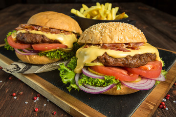 Burger on a wooden board