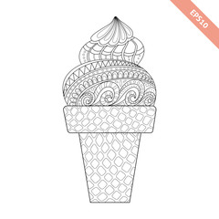 Cartoon hand drawn ice cream in waffle with floral doodle ornament. Coloring page book. Ornate black line sweet ice cream