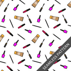 seamless pattern with accessories for makeup. Mascara, lipstick, lip gloss, nail Polish, concealer, powder, pencil eyeliner. Vector illustration.