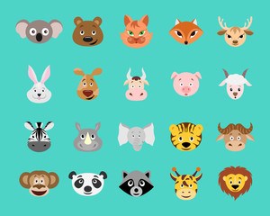 Cute cartoon animal head  icon set.  Funny animal portrait flat style for children.
