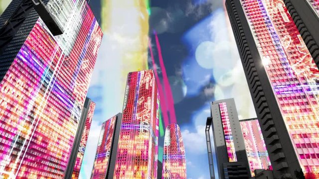 tokyo city timelapse with neon display information and billboards mapped onto each building face