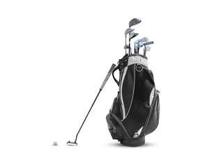 Golftas, golfbal en gezicht evenwichtige putter met Super Stroke putter grip geïsoleerd op een witte achtergrond