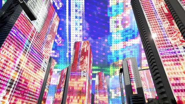tokyo city timelapse with neon display information and billboards mapped onto each building face