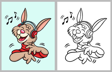 Rabbit cartoon character hearing music, good use for coloring book, symbol, icon, logo, mascot, sticker, game, or any design you want.