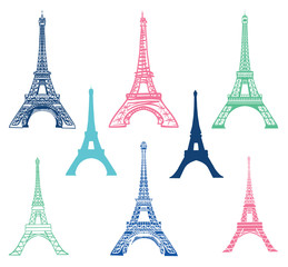 Vector set of different Eiffel Tower landmarks icons of Paris, France with Silhouettes. Landmark and structure infographic elemements.