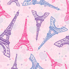 Vector Pink Blue Eifel Tower Paris Seamless Repeat Pattern Surrounded By St Valentines Day Hearts Of Love. Perfect for travel themed postcards, greeting cards, wedding invitations.