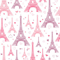 Fototapeta na wymiar Vector Romantic Pink Eifel Tower Paris Seamless Repeat Pattern Surrounded By St Valentines Day Hearts Of Love. Perfect for travel themed postcards, greeting cards, wedding invitations.