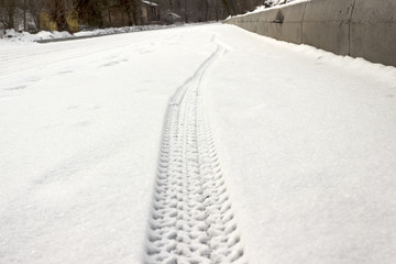 track from a bicycle wheel on the snow