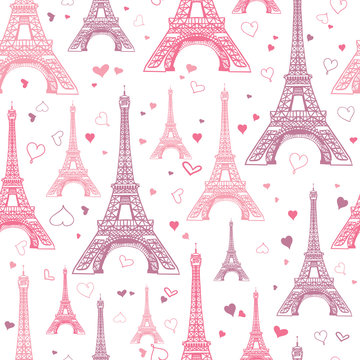 Vector Romantic Pink Eifel Tower Paris Seamless Repeat Pattern Surrounded By St Valentines Day Hearts Of Love. Perfect for travel themed postcards, greeting cards, wedding invitations.