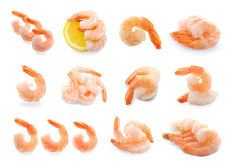 Set of boiled shrimps on white background
