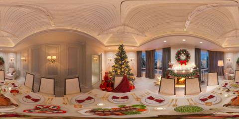 Seamless 360 panorama for virtual reality and virtual 3D tours. Christmas interior with a fireplace and a festive table.