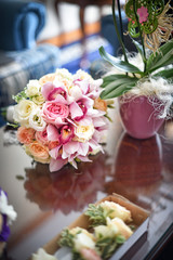 beautiful bouquet of rose flowers, on table .wedding bouquet  from red roses.elegant wedding bouquet on table at restaurant .Wedding decoration on table. Floral arrangements and decoration