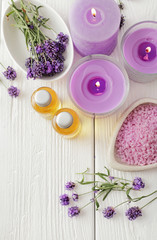 Obraz na płótnie Canvas lavender SPA products, flat lay. soap, essential oils, bath salt and aromatherapy candles