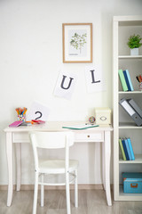 Modern comfortable workplace with desk and chair at home