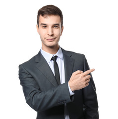 Handsome car salesman on white background