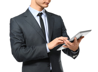 Car salesman with tablet computer on white background