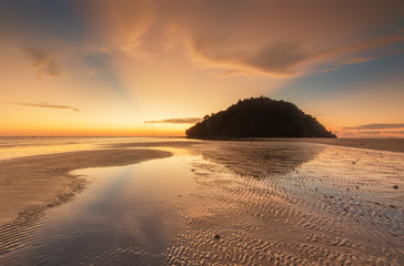 Great Ray of light with reflection. sunset seascape at Kudat, Sabah Malaysia.