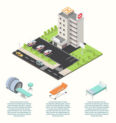 Vector isometric illustration city medical center hospital facades landscape.