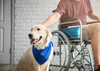 Man in wheelchair with service dog indoors