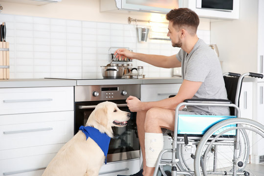 Man in wheelchair cooking with service dog by his side indoors