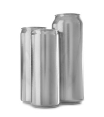 Three aluminum cans on white background