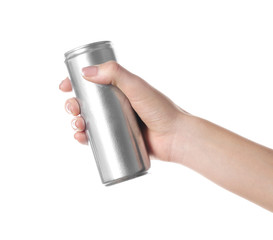 Woman holding aluminum can on white background