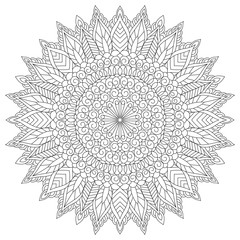 Mandala coloring book page design. Flower circular anti stress black and white vintage decorative element for adults. Monochrome oriental ethnic pattern. Hand drawn isolated vector illustration.
