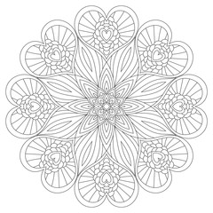 Mandala coloring book page design. Flower circular anti stress black and white vintage decorative element for adults. Monochrome oriental ethnic pattern. Hand drawn isolated vector illustration.