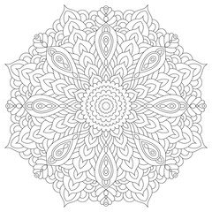 Mandala coloring book page design. Flower circular anti stress black and white vintage decorative element for adults. Monochrome oriental ethnic pattern. Hand drawn isolated vector illustration.