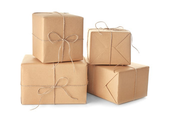 Parcel gift boxes on white background