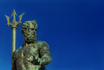 Neptune God of the Sea bronze statue with trident, from the Fountain of Neptune, erected in 1566 in...