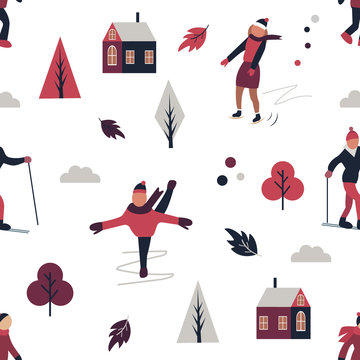 Winter sport pattern with different characters, elements