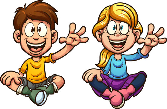Cartoon boy and girl sitting and waving, looking front. Vector clip art illustration with simple gradients. Each on a separate layer. 