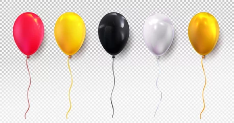 Fotobehang Red, yellow, black, white and glossy golden balloon. Glossy realistic balloon for Birthday party. For your design and business. Vector illustration. Isolated on transparent background © Anatoliy