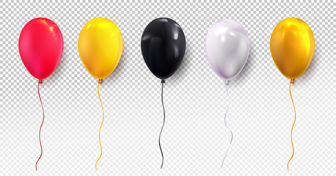 Red, yellow, black, white and glossy golden balloon. Glossy realistic balloon for Birthday party. For your design and business. Vector illustration. Isolated on transparent background