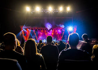 Crowd at music concert, people silhouettes backlit by stage lights. Bright colorful lights, blurred background, performance.